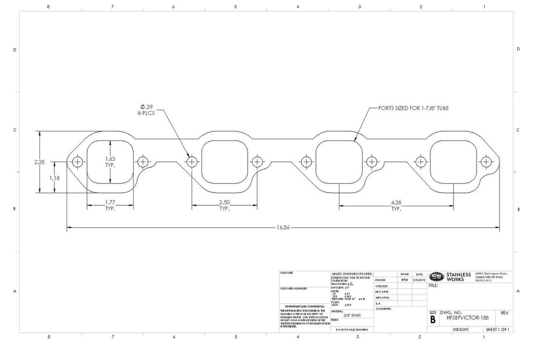 Stainless Works SBF Victor Senior Heads Square Port Header 304SS Exhaust Flanges 1-7/8in Primaries