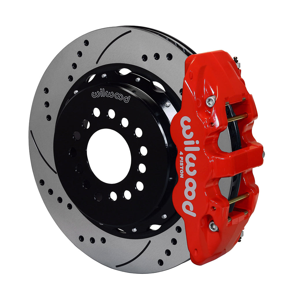 Wilwood AERO4 Rear Kit 14.00 Drilled Red 2005-2014 Mustang w/ BMR Suspn. w/Lines