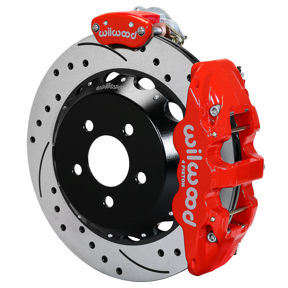 Wilwood AERO4 / MC4 Rear Kit 14.00 Drilled Red 15-23 Mustang w/Lines & Cables